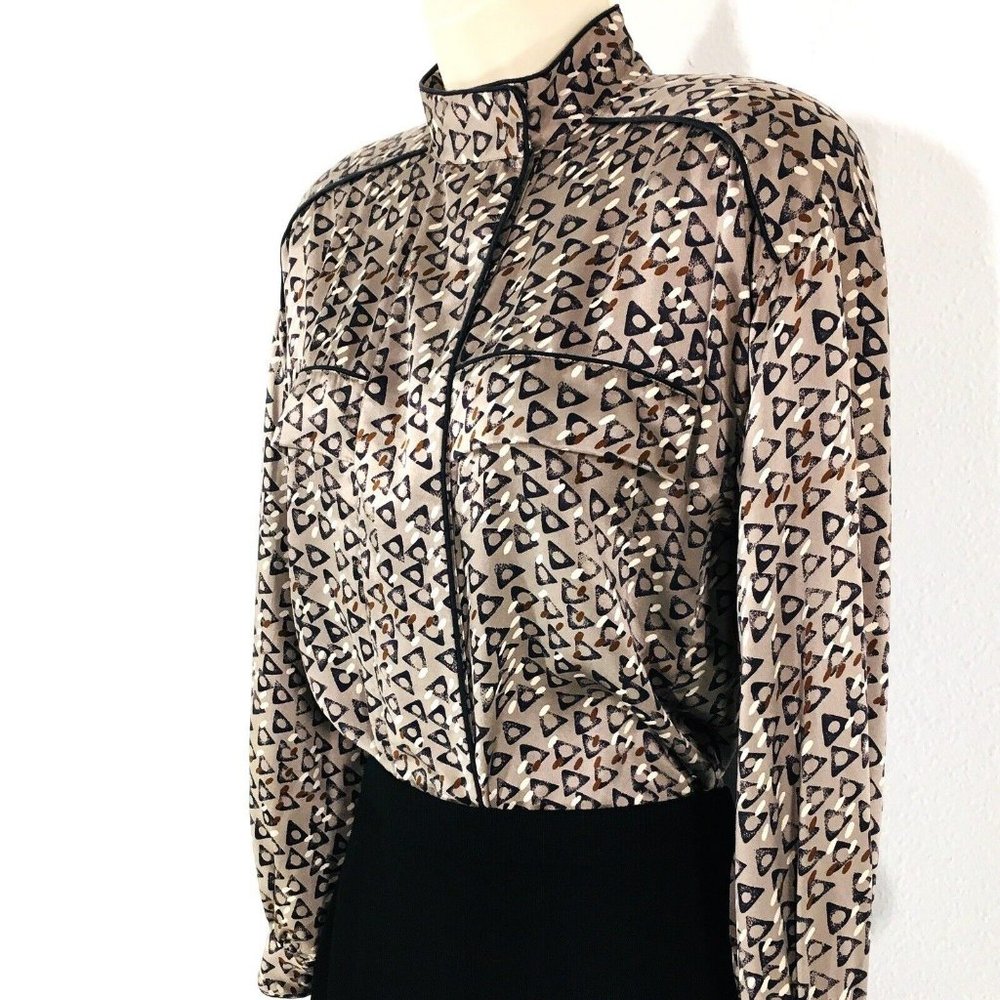 Vintage Joan Collins Silk Top Blouse Sz 4 Retro Triangle Print Snap Neckline